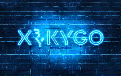 Kygo blue logo, 4k, superstars, Norwegian DJs, blue brickwall, Kyrre Gorvell-Dahll, music stars, Kygo neon logo, Kygo logo, Kygo
