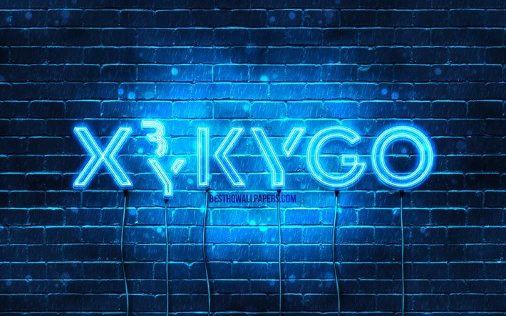 Logotipo azul de Kygo, 4k, superestrellas, DJ noruegos, pared de ladrillo azul, Kyrre Gorvell-Dahll, estrellas de la m&#250;sica, logotipo de ne&#243;n de Kygo, logotipo de Kygo, Kygo