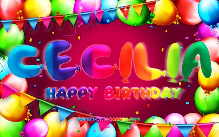 Buon compleanno Cecilia, 4k, cornice di palloncini colorati, nome Cecilia, sfondo viola, buon compleanno Cecilia, compleanno di Cecilia, nomi femminili americani popolari, concetto di compleanno, Cecilia