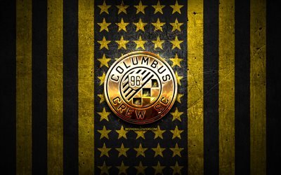 Columbus Crew -lippu, MLS, keltainen mustan metallin tausta, amerikkalainen jalkapalloseura, Columbus Crew -logo, USA, jalkapallo, Columbus Crew SC, kultainen logo