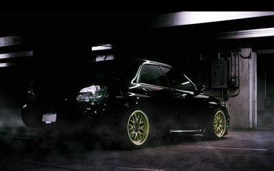Subaru Impreza WRX STI, tuning, fumo, parcheggio, parcheggio gratuito, nero impreza, Subaru