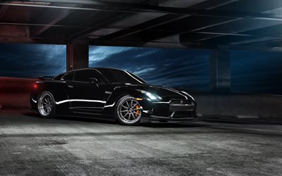 El Nissan GT-R, supercars, la noche, el estacionamiento, R35, negro gtr, nissan