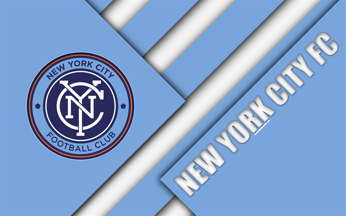New York City FC, material och design, 4k, logotyp, bl&#229; vit abstraktion, MLS, fotboll, New York, USA, Major League Soccer