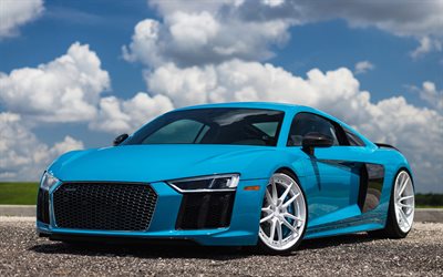 4k, Audi R8, el ajuste de 2018, coches, azul R8, supercars, los coches alemanes, el Audi