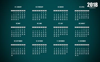 التقويم لعام 2018, خلفية خضراء, سنة 2018 التقويم, 4k, كل الشهور
