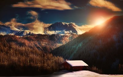 Alpes, 4k, inverno, montanhas, monte de neve, p&#244;r do sol, Europa