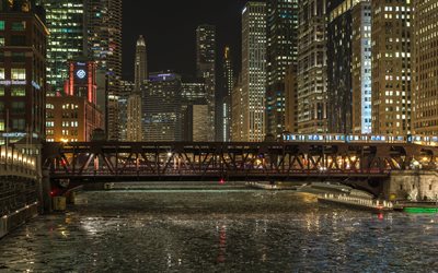 Chicago River, 4k, bridge, nightscapes, Chicago, USA, America