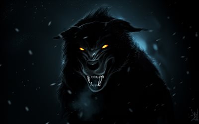 lobo negro, 4k, arte, noite, predadores, lobo