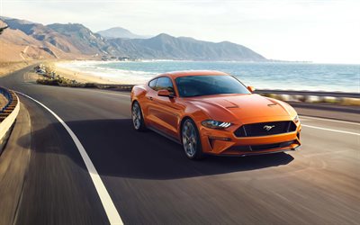 Ford Mustang, 2018, 4k, front view, orange sports coupe, sports car, Ford