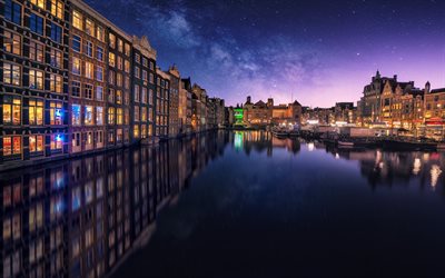 Amsterdam, night, bay, boats, night sky, Netherlands