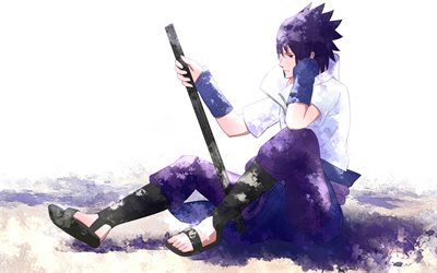 Sasuke Uchiha, 4k, manga, miekka, anime merkki&#228;, Naruto
