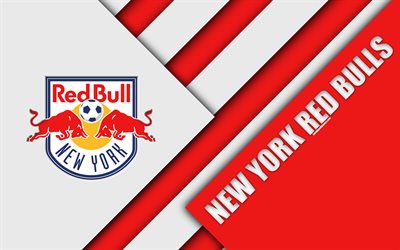 New York Red Bulls, material design, 4k, logo, red white abstraction, MLS, football, Harrison, New Jersey, USA, Major League Soccer