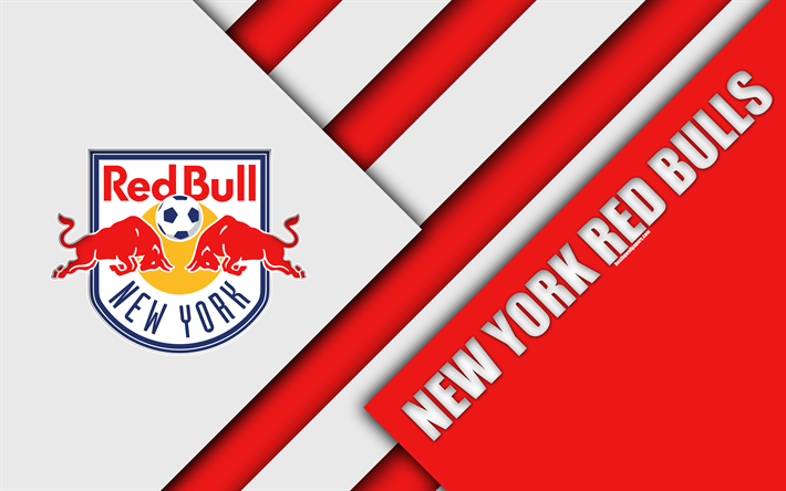 New York Red Bulls, materiaali suunnittelu, 4k, logo, punainen valkoinen abstraktio, MLS, jalkapallo, Harrison, New Jersey, USA, Major League Soccer
