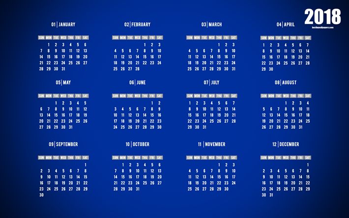 Azul 2018 calendario, enero, febrero, Marzo, abril, julio, junio, agosto, septiembre, octubre, noviembre, diciembre, el calendario, los 4k
