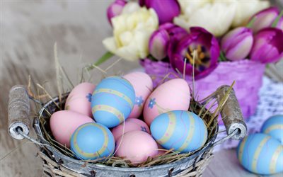 Easter eggs, decoration, spring, Happy Easter, tulips