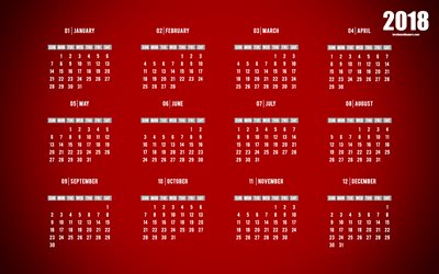 2018 Calendar, red background, 4k, summer, winter, spring, autumn, calendar