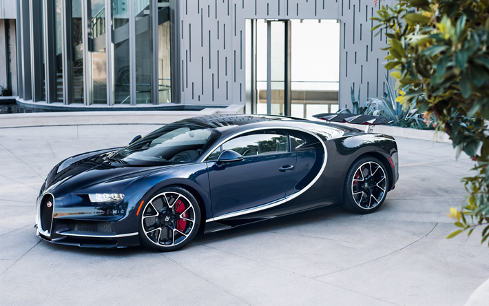Bugatti Chiron, 2018, hypercar, supercar, bleu noir Chiron, voiture de luxe, parking, Bugatti