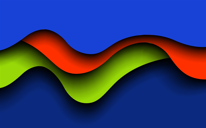 4k, カラフルな波, 創造, 青色の背景, 波質感, カラフルな背景, 抽象波