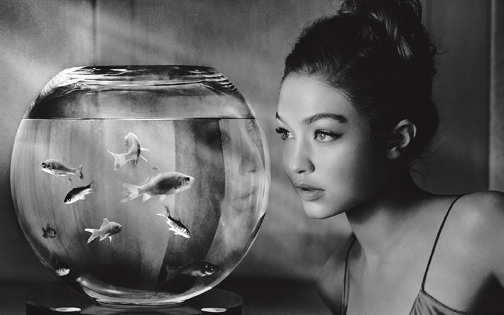 Gigi Hadid, sess&#227;o de fotos, aqu&#225;rio, A supermodelo americana, monocrom&#225;tico, retrato, mulheres bonitas, Jelena Noura Hadid