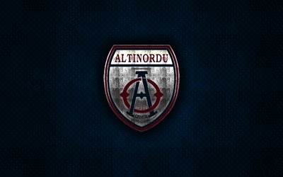 Altinordu FK, Turkish football club, blue metal texture, metal logo, emblem, Izmir, Turkey, TFF First League, 1 Lig, creative art, football, Altinordu
