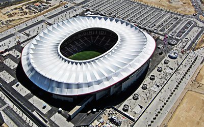 Wanda Metropolitano, Atletico Madrid Stadium, Metropolitano Stadium, Madrid, Spain, exterior, top view, spanish football stadium, new stadiums