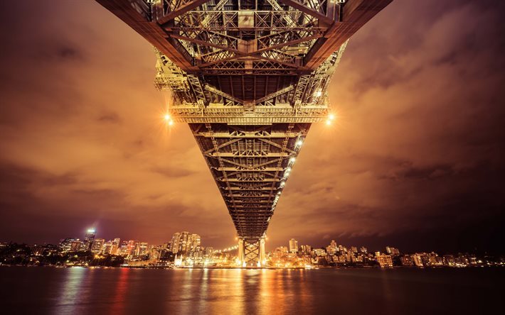 Sydney Harbour Bridge, Australia, noche, luces, paisaje urbano