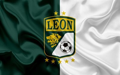 Club Leon FC, 4k, Mexican Football Club, emblem, logo, sign, football, Primera Division, Mexico Football Championships, Leon, Mexico, silk flag