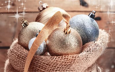 golden christmas balls, Christmas, New Year, decorations, Christmas holidays