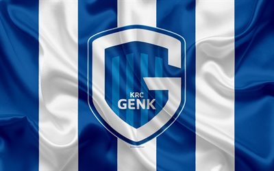 Genk FC, 4k, Belgian Football Club, logo, emblem, Jupiler League, Belgian Football Championship, Genk, Belgium, football, silk flag