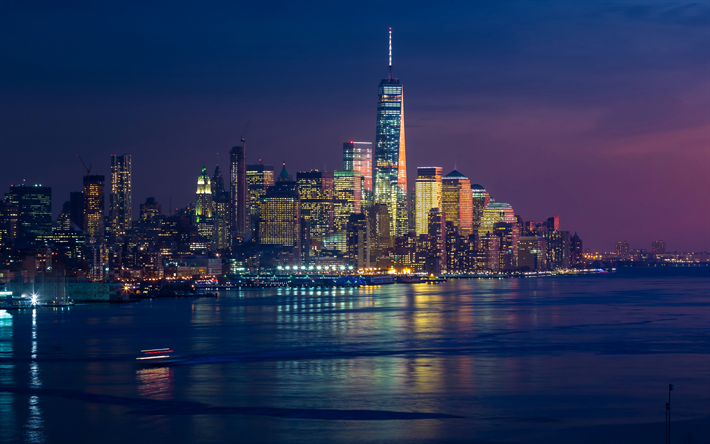 Ciudad de nueva york, 4k, Nueva York, paisajes nocturnos, rascacielos, Am&#233;rica, estados UNIDOS