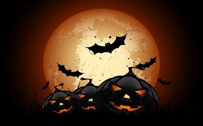 Halloween, pumpkins, night, bats, October 31, orange moon