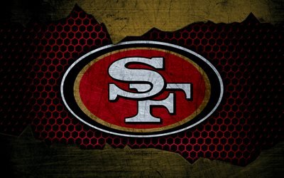 San Francisco 49ers, 4k, logo, NFL, american football, NFC, USA, grunge, metal texture, West Division