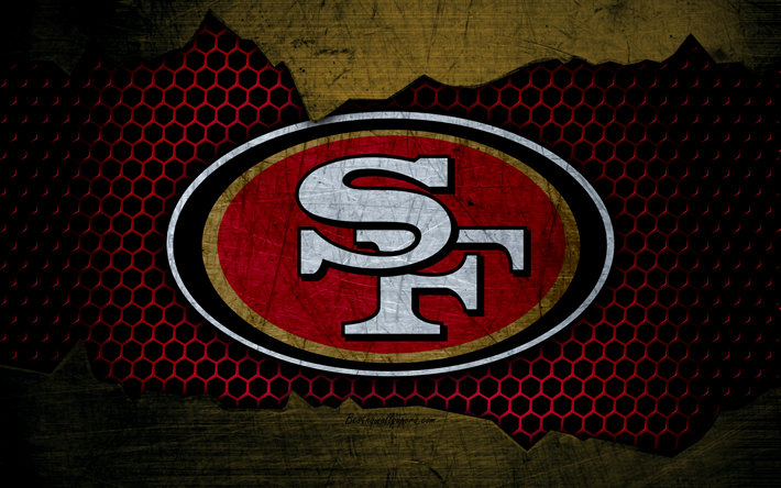 San Francisco 49ers, 4k, logo, NFL, american football, NFC, USA, grunge, metal texture, West Division