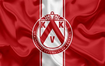 KV Kortrijk FC, 4k, Belgian Football Club, logo, emblem, Jupiler League, Belgium Football Championships, Kortrijk, Belgium, football, silk flag