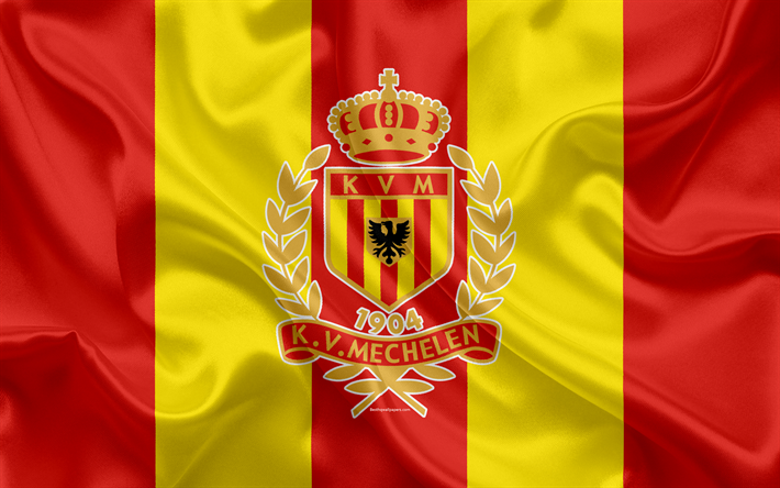 KV Mechelen FC, 4k, Belgian Football Club, logo, emblem, Jupiler League, Belgium Football Championships, Mechelen, Belgium, football, silk flag