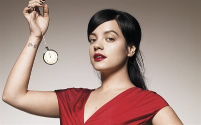 Lily Allen, 4k, British singer, red dress, make-up, beautiful woman, portrait, woman with clock, Lily Rose Beatrice Cooper