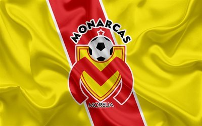 Monarcas FC, 4K, Mexican Football Club, emblem, Monarcas logo, sign, football, Primera Division, Mexico Soccer Championship, Morelia, Mexico, silk flag
