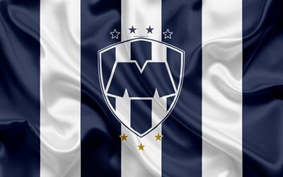 Monterrey FC, 4K, Mexican Football Club, emblem, logo, sign, football, Primera Division, Mexico Football Championships, Monterrey, Mexico, silk flag, CF Monterrey