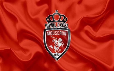 Mouscron FC, 4k, Belgian Football Club, logo, emblem, Jupiler League, Belgium Football Championships, Mouscron, Belgium, football, silk flag