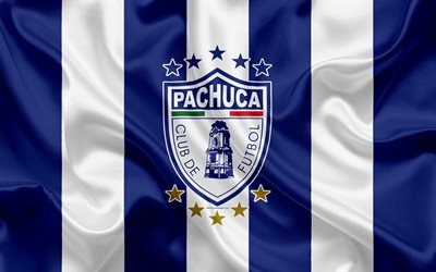 Pachuca FC, 4k, Mexican Football Club, emblem, Pachuca logo, sign, football, Primera Division, Mexico Football Championships, Pachuca de Soto, Mexico, silk flag
