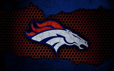Denver Broncos, 4k, logo, NFL, american football, AFC, USA, grunge, metal texture, West Division