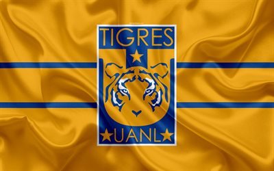 UANL Tigres FC, 4K, Mexican Football Club, emblem, logo, sign, football, Primera Division, Mexico Football Championships, Monterrey, Mexico, silk flag