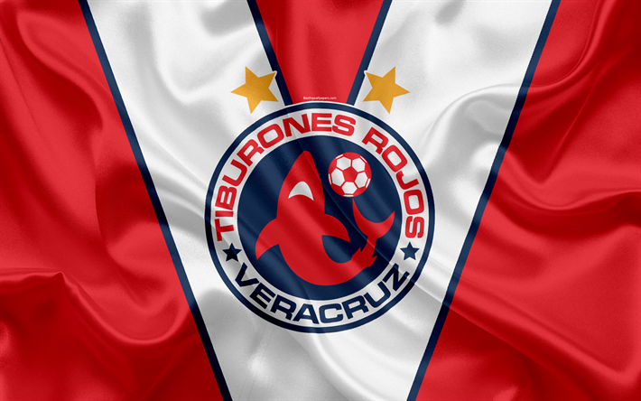 Veracruz FC, Tiburones Rojos de Veracruz, 4k, Mexican Football Club, emblem, logo, sign, football, Primera Division, Liga MX, Mexico Soccer Championship, Veracruz, Mexico, silk flag