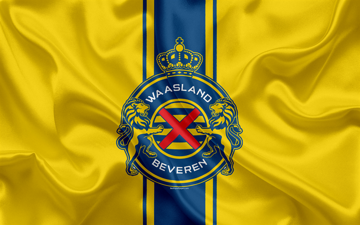 Waasland-Beveren FC, 4k, Belgian Football Club, logo, tunnus, Jupiler League, Belgia Jalkapallon Mm-Kilpailut, Beveren, Belgia, jalkapallo, silkki lippu