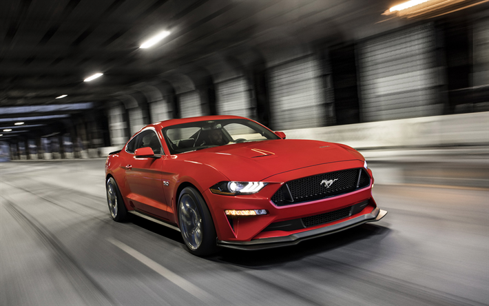 En 2018, el Ford Mustang GT, Paquete de Rendimiento, Nivel 2, deportivo rojo coche, la carretera, la velocidad, el ajuste de la Mustang, el coup&#233; deportivo, el deporte Estadounidense de autom&#243;viles, Ford