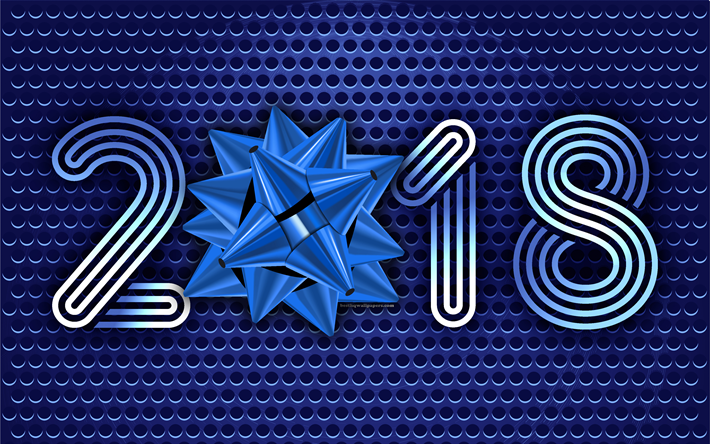 2018 New Year, 4k, blue metallic background, blue silk bow, 2018 concepts, New Year, metallic mesh