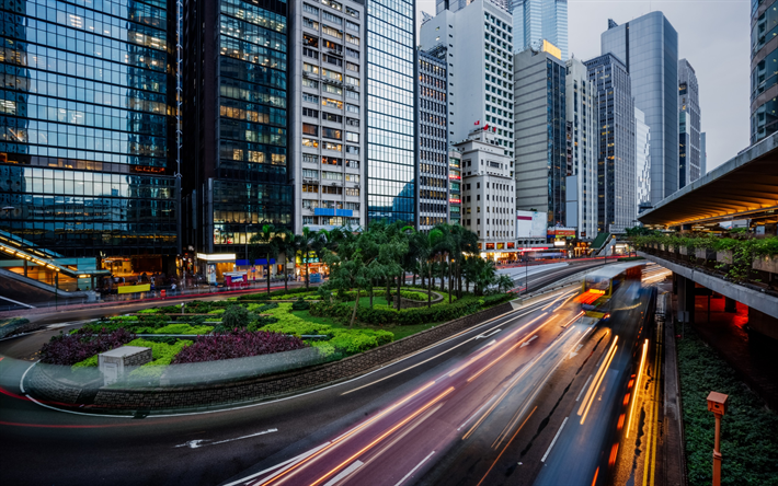 Hong Kong, ruas, metr&#243;pole, estrada, luzes do carro, arranha-c&#233;us, edif&#237;cios modernos, China