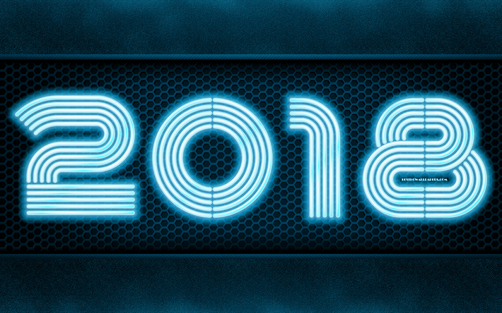 2018年, 4k, 青色のネオン, 美術, 金属の背景, 2018, 新しい年度の2018年, 金属格子, 創造