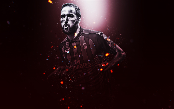 Gonzalo Higuain, 4k, yaratıcı sanat, AC Milan, Arjantinli futbolcu, ışık efektleri, portre, Serie A İtalya, futbolcular