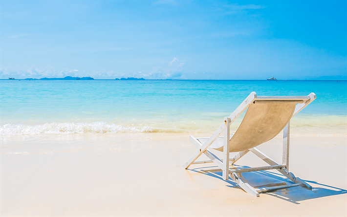 beach, chaise lounge, tropical island, seascape, rest, relax, sea